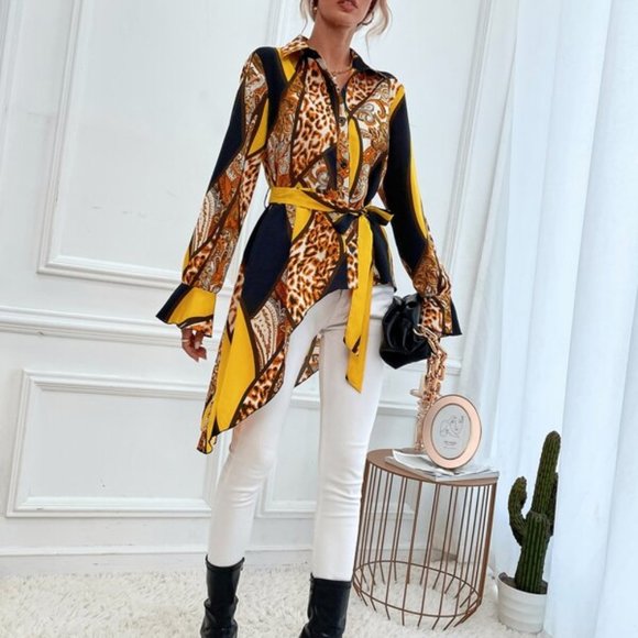 CONTEMPORARY Chic Asymmetric Hem Belted Blouse - Picture 3 of 6